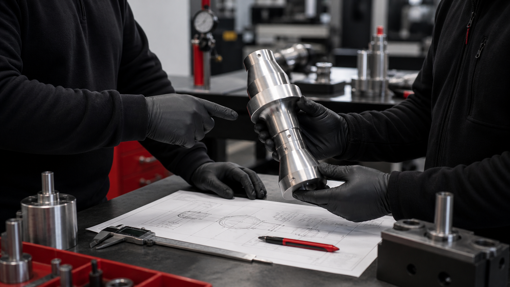 Technicians discussing a machined ultrasonic tooling component over engineering drawings